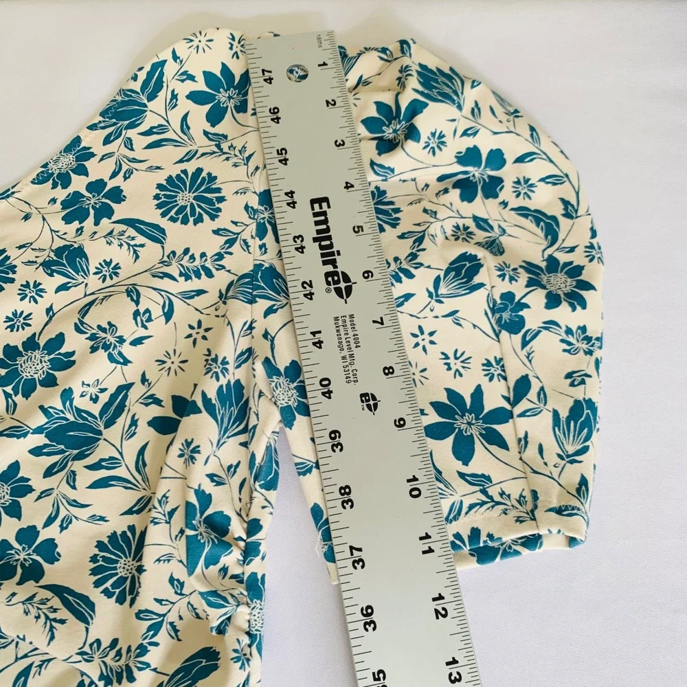 Free People Bodysuit Women S Cream Blue Floral One Shoulder Puff‎ Sleeve Boho - Picture 12 of 12